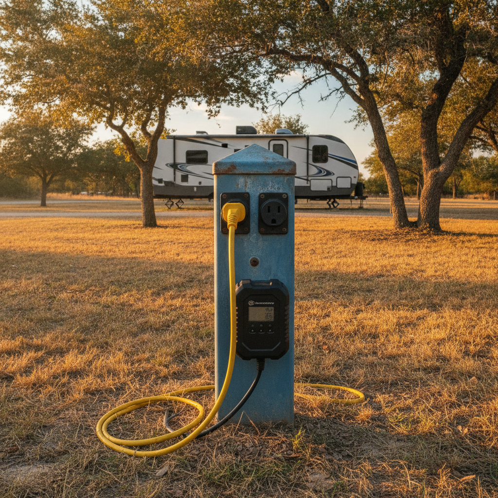RV campground power pedestal with 30 amp and 50 amp outlets, a shore power cord, and an electrical management system attached