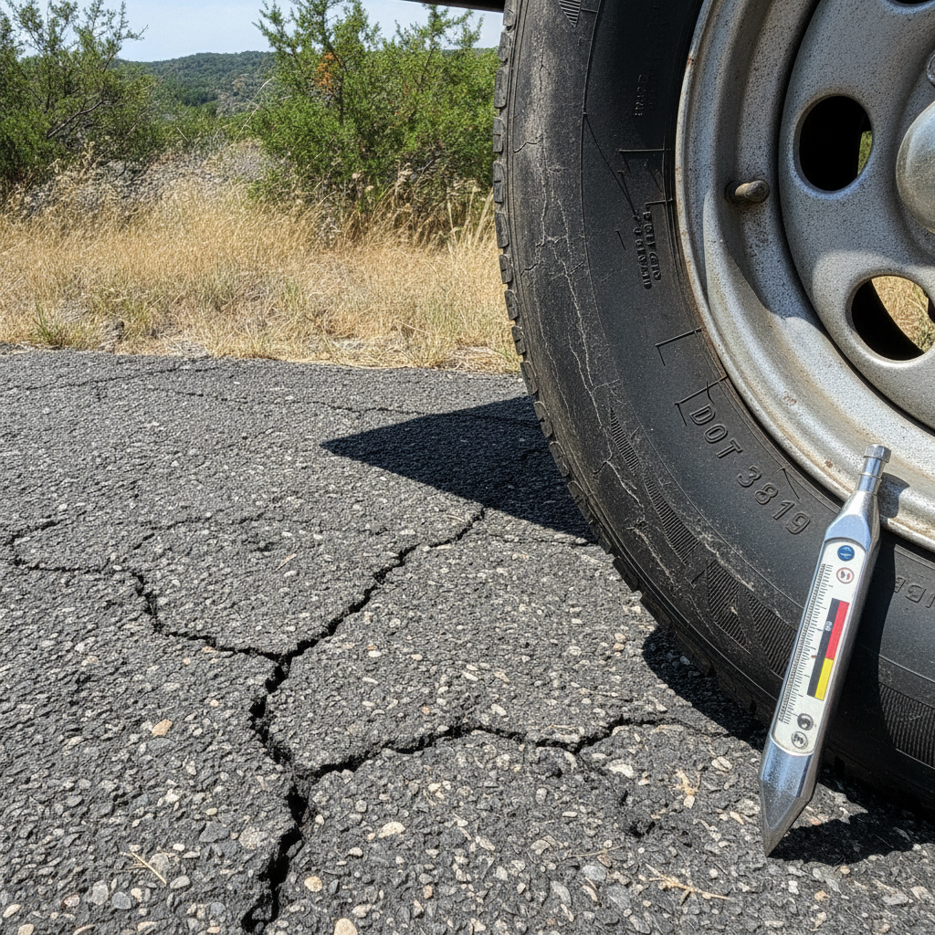 Weather-cracked RV trailer tire sidewall with a visible DOT date code on hot Texas asphalt next to a tire pressure gauge