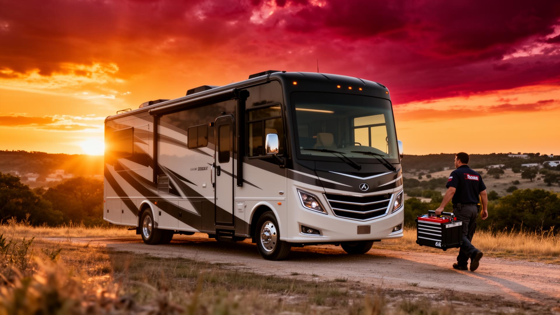 Class A motorhome serviced at sunset in the Texas Hill Country